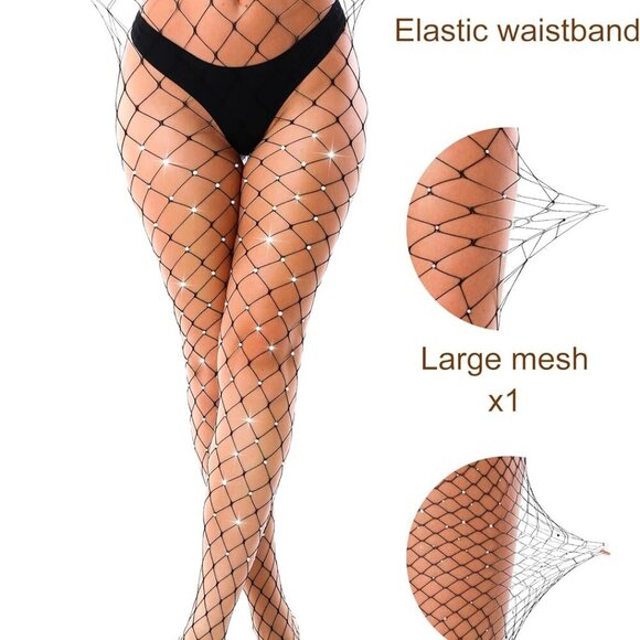 2 Pack Fishnet Tights Women Mesh Stockings Glitter Rhinestone Black Large Medium - Picture 3 of 5
